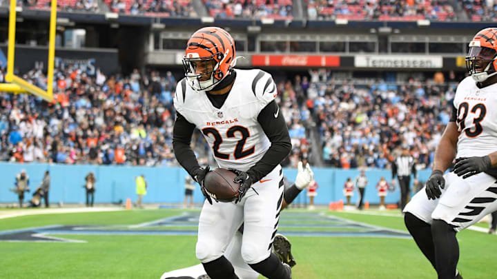 Dec 15, 2024; Nashville, Tennessee, USA; Cincinnati Bengals safety Geno Stone (22) celebrates his touchdown against the Tennessee Titans during the second half at Nissan Stadium. Mandatory Credit: Steve Roberts-Imagn Images Dec 15, 2024; Nashville, Tennessee, USA; Cincinnati Bengals safety Geno Stone (22) celebrates his touchdown against the Tennessee Titans during the second half at Nissan Stadium. Mandatory Credit: Steve Roberts-Imagn Images