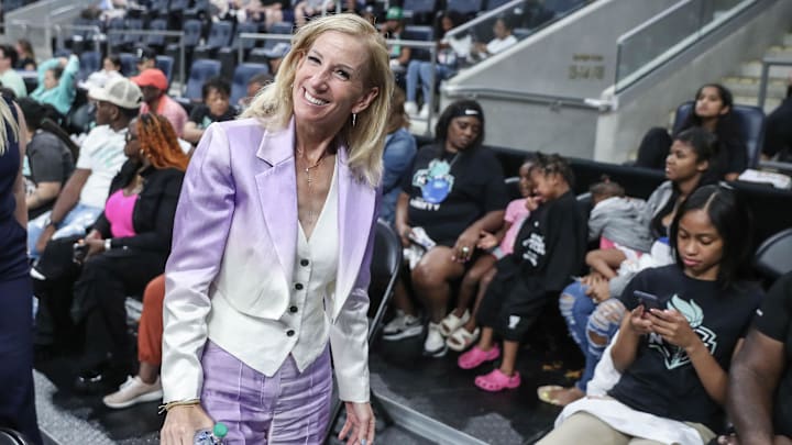 Jun 25, 2024; Belmont Park, New York, USA; WNBA Commissioner Cathy Engelbert at the Commissioner’s Cup Championship game between the Minnesota Lynx and the New York Liberty at UBS Arena. Mandatory Credit: Wendell Cruz-Imagn Images