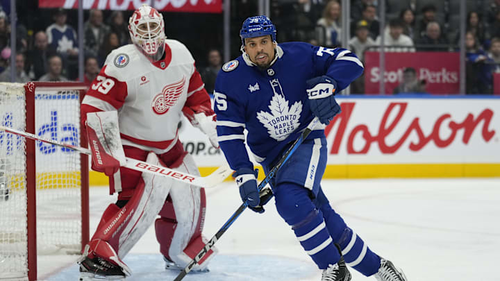 Nov 8, 2024; Toronto, Ontario, CAN; Toronto Maple Leafs forward Ryan Reaves (75) skates in front of Detroit Red Wings goaltender Cam Talbot (39) during the third period at Scotiabank Arena. Mandatory Credit: John E. Sokolowski-Imagn Images