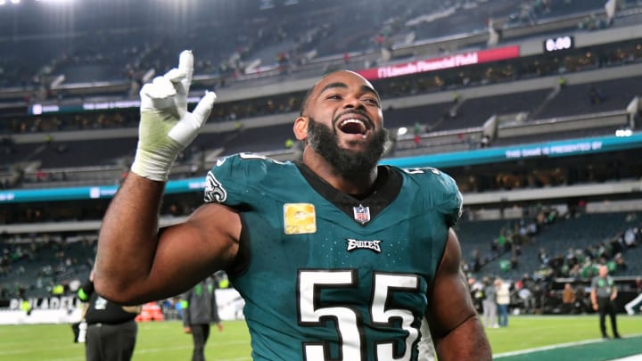 Nov 5, 2023; Philadelphia, Pennsylvania, USA;  Philadelphia Eagles defensive end Brandon Graham (55) runs off the field after win against the Dallas Cowboys at Lincoln Financial Field.
