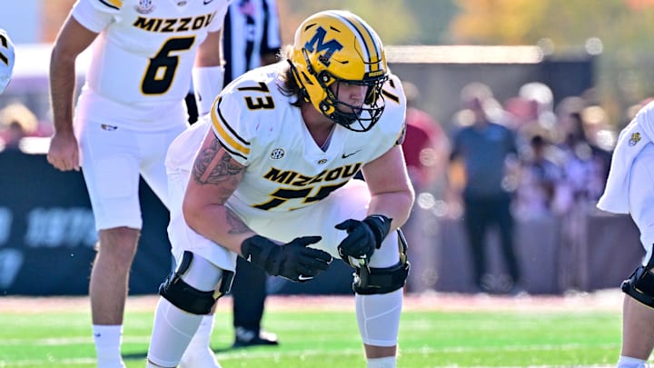 Oct 12, 2024; Amherst, Massachusetts, USA; Missouri Tigers offensive lineman Tristan Wilson (73)  lines up against the Massachusetts Minutemen during the second half at Warren McGuirk Alumni Stadium. Mandatory Credit: Eric Canha-Imagn Images