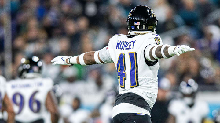 Dec 17, 2023; Jacksonville, Florida, USA; Baltimore Ravens defensive back Daryl Worley (41) celebrates the turnover against the Jacksonville Jaguars in the first quarter at EverBank Stadium. Mandatory Credit: Jeremy Reper-Imagn Images Dec 17, 2023; Jacksonville, Florida, USA; Baltimore Ravens defensive back Daryl Worley (41) celebrates the turnover against the Jacksonville Jaguars in the first quarter at EverBank Stadium. Mandatory Credit: Jeremy Reper-Imagn Images