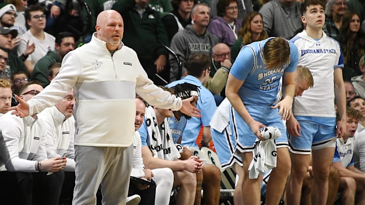 Dec 30, 2023; East Lansing, Michigan, USA; Indiana State Sycamores head coach Josh Schertz disputes