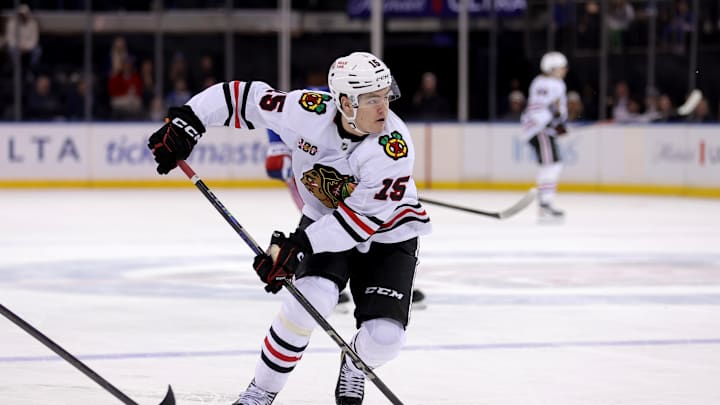 Mar 27, 2026; New York, New York, USA; Chicago Blackhawks center Anton Frondell (15) skates with the puck against the New York Rangers during the third period at Madison Square Garden. Mandatory Credit: Brad Penner-Imagn Images