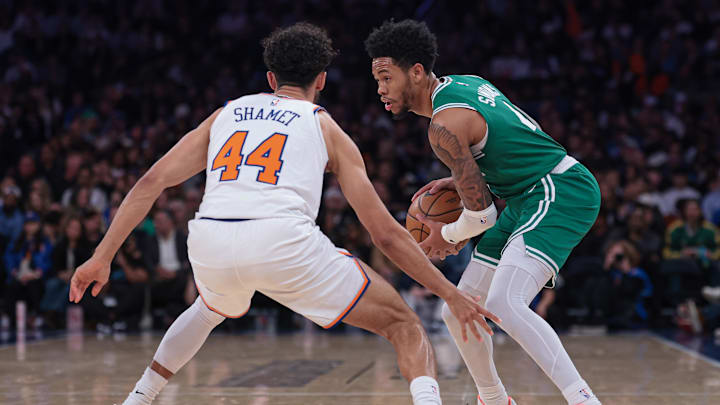 Oct 24, 2025; New York, New York, USA; Boston Celtics guard Anfernee Simons (4) is guarded by New York Knicks guard Landry Shamet (44) during the fourth quarter at Madison Square Garden. Mandatory Credit: Vincent Carchietta-Imagn Images Oct 24, 2025; New York, New York, USA; Boston Celtics guard Anfernee Simons (4) is guarded by New York Knicks guard Landry Shamet (44) during the fourth quarter at Madison Square Garden. Mandatory Credit: Vincent Carchietta-Imagn Images