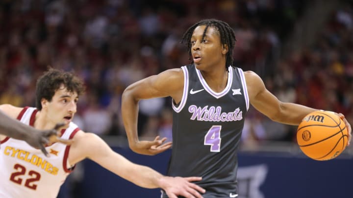 Dai Dai Ames handles the ball during the Kansas State vs. Iowa State Big 12 Tournament basketball game in Kansas City.