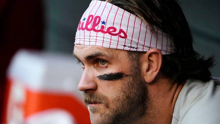 Philadelphia Phillies designated hitter Bryce Harper (3) reacts after grounding out against the Arizona Diamondbacks in the first inning at Chase Field in Phoenix on June 12, 2023. Philadelphia Phillies designated hitter Bryce Harper (3) reacts after grounding out against the Arizona Diamondbacks in the first inning at Chase Field in Phoenix on June 12, 2023.