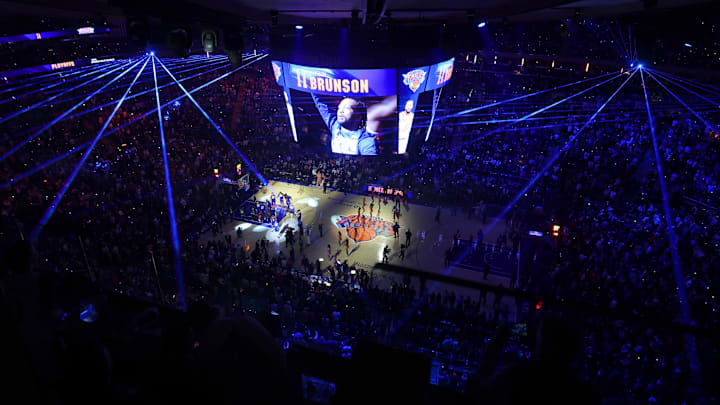 Apr 21, 2025; New York, New York, USA; General view of Madison Square Garden as New York Knicks guard Jalen Brunson (11) is introduced before game two of the first round of the 2024 NBA Playoffs against the Detroit Pistons at Madison Square Garden. Mandatory Credit: Brad Penner-Imagn Images