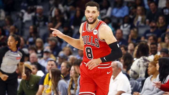 Oct 28, 2024; Memphis, Tennessee, USA; Chicago Bulls guard Zach LaVine (8) reacts during the first half against the Memphis Grizzlies at FedExForum. Mandatory Credit: Petre Thomas-Imagn Images