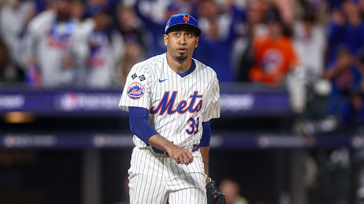 Oct 18, 2024; New York City, New York, USA; New York Mets relief pitcher Edwin Diaz (39) reacts after striking out Los Angeles Dodgers designated hitter Shohei Ohtani, not pictured during the eighth inning during game five of the NLCS for the 2024 MLB playoffs at Citi Field. Mandatory Credit: Vincent Carchietta-Imagn Images