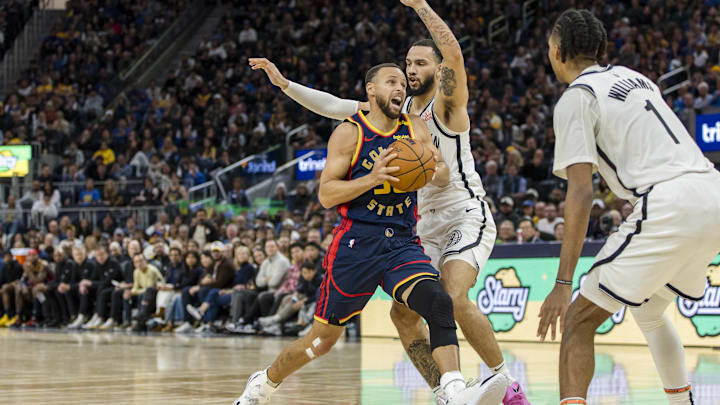 Nov 25, 2024; San Francisco, California, USA; Golden State Warriors guard Stephen Curry (30) drives past Brooklyn Nets guard Tyrese Martin (13) during the second half at Chase Center. Mandatory Credit: John Hefti-Imagn Images