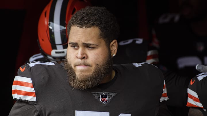 Nov 1, 2020; Cleveland, Ohio, USA; Cleveland Browns offensive tackle Jedrick Wills (71) prepares to take the field before the game between the Cleveland Browns and the Las Vegas Raiders at FirstEnergy Stadium. Mandatory Credit: Ken Blaze-Imagn Images