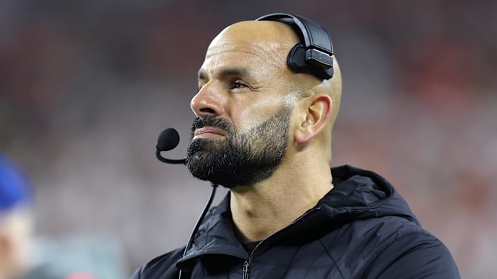 Dec 28, 2023; Cleveland, Ohio, USA; New York Jets head coach Robert Saleh looks on during the second half against the Cleveland Browns at Cleveland Browns Stadium.