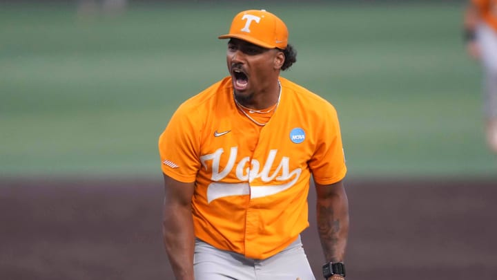 Tennessee pitcher Marcus Phillips (23) celebrates after striking out a batter during a NCAA regional baseball game between the Tennessee Volunteers and Cincinnati Bearcats at Lindsey Nelson Stadium in Knoxville, Tenn., on May 31, 2025.