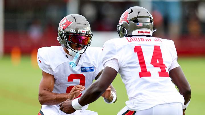 Aug 6, 2026; Tampa, FL, USA; Tampa Bay Buccaneers wide receiver Emeka Egbuka (2) and wide receiver Chris Godwin Jr. (14) participate in training camp at AdventHealth Training Center. Mandatory Credit: Nathan Ray Seebeck-Imagn Images Aug 6, 2026; Tampa, FL, USA; Tampa Bay Buccaneers wide receiver Emeka Egbuka (2) and wide receiver Chris Godwin Jr. (14) participate in training camp at AdventHealth Training Center. Mandatory Credit: Nathan Ray Seebeck-Imagn Images