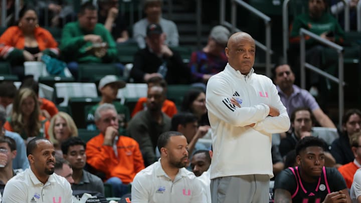 Jan 29, 2025; Coral Gables, Florida, USA; Miami Hurricanes interim head coach Bill Courtney watches from the sideline against the Virginia Cavaliers during the second half at Watsco Center. Mandatory Credit: Sam Navarro-Imagn Images