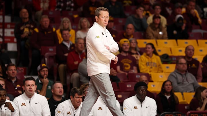 Nov 3, 2025; Minneapolis, Minnesota, USA; Minnesota Golden Gophers head coach Niko Medved looks on during the first half against the Gardner-Webb Runnin' Bulldogs at Williams Arena. Mandatory Credit: Matt Krohn-Imagn Images