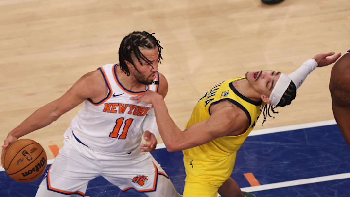 May 23, 2025; New York, New York, USA; Indiana Pacers guard Andrew Nembhard (2) fouls New York Knicks guard Jalen Brunson (11) in the first quarter during game two of the eastern conference finals for the 2025 NBA Playoffs at Madison Square Garden. Mandatory Credit: Vincent Carchietta-Imagn Images May 23, 2025; New York, New York, USA; Indiana Pacers guard Andrew Nembhard (2) fouls New York Knicks guard Jalen Brunson (11) in the first quarter during game two of the eastern conference finals for the 2025 NBA Playoffs at Madison Square Garden. Mandatory Credit: Vincent Carchietta-Imagn Images