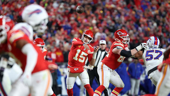 Jan 26, 2025; Kansas City, MO, USA; Kansas City Chiefs quarterback Patrick Mahomes (15) throws a pass against the Buffalo Bills during the first half in the AFC Championship game at GEHA Field at Arrowhead Stadium. Mandatory Credit: Mark J. Rebilas-Imagn Images