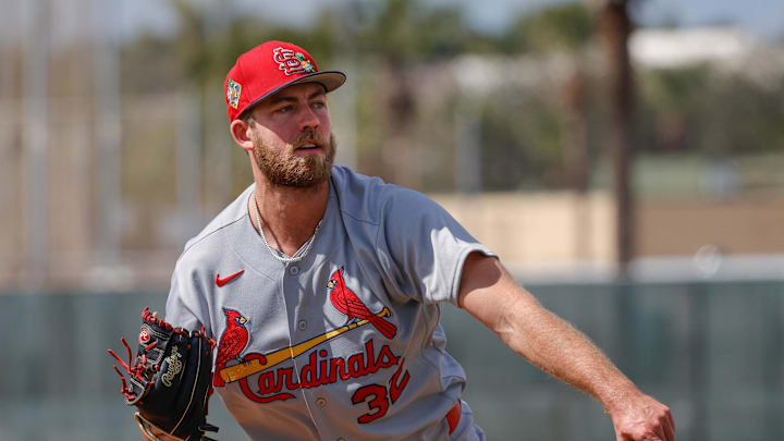 Feb 16, 2026; Jupiter, FL, USA; St. Louis Cardinals pitcher Matthew Liberatore (32) throws a pitch during spring training workouts at Roger Dean Stadium. Mandatory Credit: Reinhold Matay-Imagn Images Feb 16, 2026; Jupiter, FL, USA; St. Louis Cardinals pitcher Matthew Liberatore (32) throws a pitch during spring training workouts at Roger Dean Stadium. Mandatory Credit: Reinhold Matay-Imagn Images