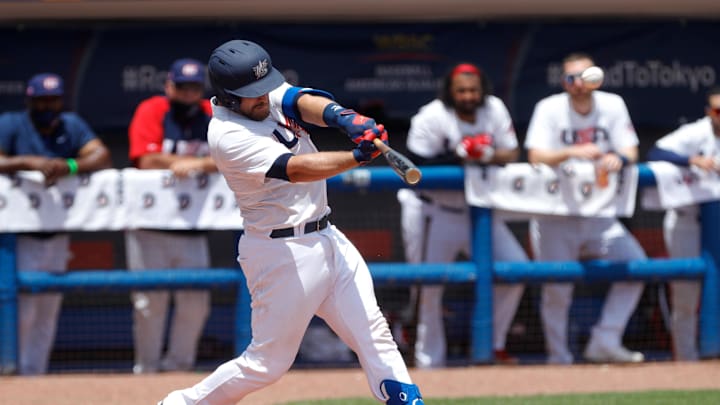 United States catcher Tim Federowicz (34) connects for a base hit in the third inning of the game against Puerto Rico during the WBSC Baseball Americas Qualifier series at Clover Park