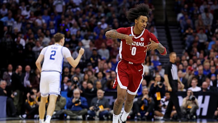 Mar 29, 2025; Newark, NJ, USA; Alabama Crimson Tide guard Labaron Philon (0) celebrates after making a three pointer during the first half added in the East Regional final of the 2025 NCAA tournament at Prudential Center. Mandatory Credit: Vincent Carchietta-Imagn Images