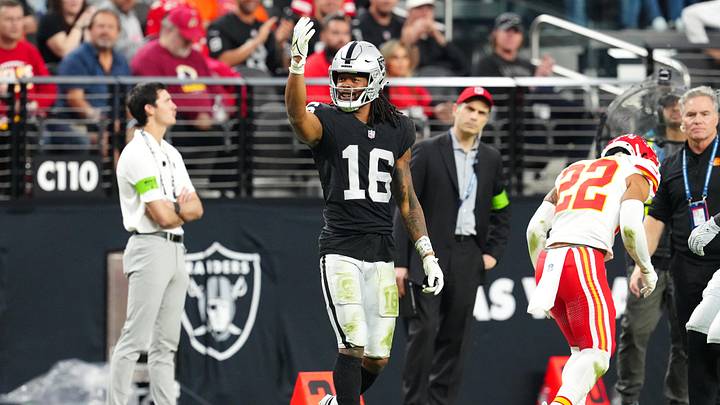 Nov 26, 2023; Paradise, Nevada, USA; Las Vegas Raiders wide receiver Jakobi Meyers (16) celebrates after making a play against the Kansas City Chiefs during the third quarter at Allegiant Stadium. Mandatory Credit: Stephen R. Sylvanie-USA TODAY Sports Nov 26, 2023; Paradise, Nevada, USA; Las Vegas Raiders wide receiver Jakobi Meyers (16) celebrates after making a play against the Kansas City Chiefs during the third quarter at Allegiant Stadium. Mandatory Credit: Stephen R. Sylvanie-USA TODAY Sports