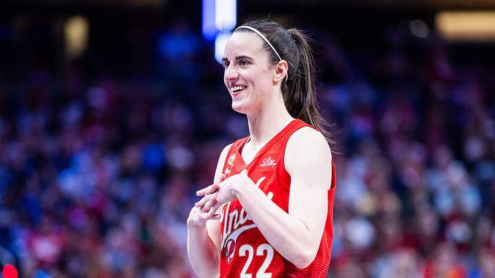 Aug 14, 2026; Indianapolis, Indiana, USA; Indiana Fever guard Caitlin Clark (22) reacts in the second half against the Dallas Wings at Gainbridge Fieldhouse. Mandatory Credit: Trevor Ruszkowski-Imagn Images