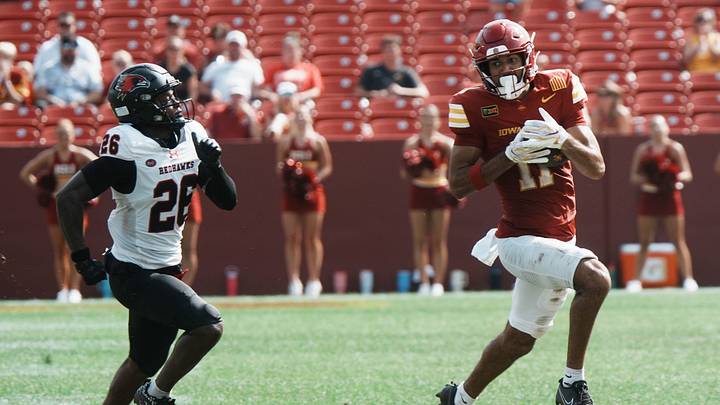 Iowa State wide receiver Dominic Overby (11) runs with the ball around Southeast Missouri State's safety Cyler Christmas (28) during the third quarter in the week one NCAA football at Jack Trice Stadium on Sept. 5, 2026, in Ames, Iowa. Iowa State wide receiver Dominic Overby (11) runs with the ball around Southeast Missouri State's safety Cyler Christmas (28) during the third quarter in the week one NCAA football at Jack Trice Stadium on Sept. 5, 2026, in Ames, Iowa.