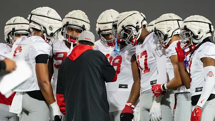Ohio State Buckeyes defensive coordinator Matt Patricia talks to players during spring football practice at the Woody Hayes Athletic Center in Columbus on March 19, 2025.