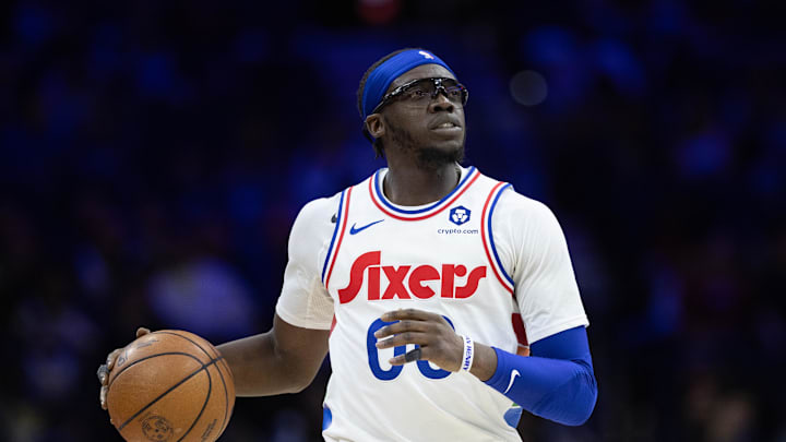 Jan 8, 2025; Philadelphia, Pennsylvania, USA; Philadelphia 76ers guard Reggie Jackson (00) controls the ball against the Washington Wizards during the fourth quarter at Wells Fargo Center. Mandatory Credit: Bill Streicher-Imagn Images