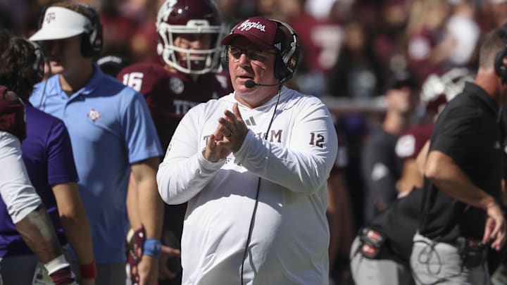 Nov 15, 2025; College Station, Texas, USA; Texas A&M Aggies head coach Mike Elko reacts during the second quarter against the South Carolina Gamecocks at Kyle Field. Mandatory Credit: Troy Taormina-Imagn Images