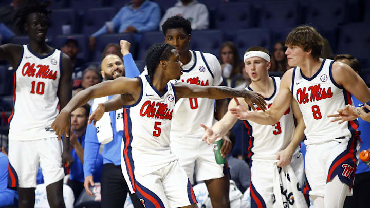 Nov 4, 2024; Oxford, Mississippi, USA; Mississippi Rebels guard Jaylen Murray (5) reacts with guard Eduardo Klafke (8) after a three point basket during the second halfagainst the Long Island Sharks at The Sandy and John Black Pavilion at Ole Miss. Mandatory Credit: Petre Thomas-Imagn Images