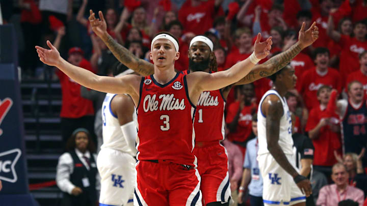 Feb 4, 2025; Oxford, Mississippi, USA; Mississippi Rebels guard Sean Pedulla (3) and forward Mikeal Brown-Jones (1) react during the first half against the Kentucky Wildcats at The Sandy and John Black Pavilion at Ole Miss. Mandatory Credit: Petre Thomas-Imagn Images