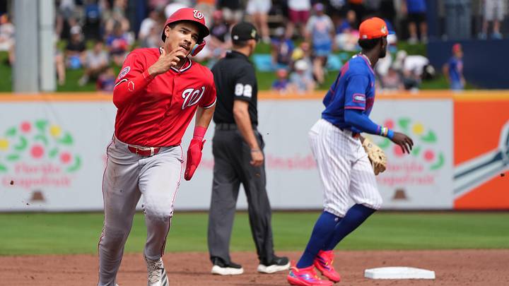 Feb 28, 2026; Port St. Lucie, Florida, USA;  Washington Nationals second Baseman Seaver King (66) goes from first to third base on a single in the third inning at Clover Park. Mandatory Credit: Jim Rassol-Imagn Images