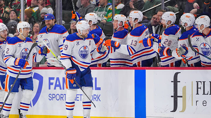 Edmonton Oilers center Leon Draisaitl (29) celebrates his goal