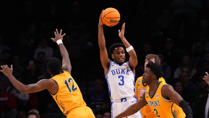 Mar 22, 2024; Brooklyn, NY, USA; Duke Blue Devils guard Jeremy Roach (3) grabs a rebound against the