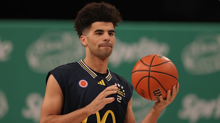 Mar 31, 2025; Brooklyn, New York, USA; McDonald’s All American East guard Cayden Boozer (2) prepares to shoot the ball during the Sprite Jam Fest at Barclay's Center. 