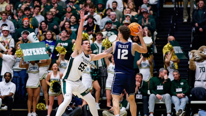 Utah State Aggies guard Mason Falslev (12) 