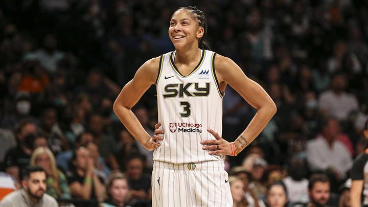 Aug 23, 2022; Brooklyn, New York, USA; Chicago Sky forward Candace Parker (3) reacts after being called for a foul in the third quarter against the New York Liberty at Barclays Center. Mandatory Credit: Wendell Cruz-Imagn Images