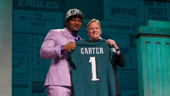 Apr 27, 2023; Kansas City, MO, USA; Georgia defensive lineman Jalen Carter with NFL commissioner Roger Goodell after being selected by the Philadelphia Eagles ninth overall in the first round of the 2023 NFL Draft at Union Station. Mandatory Credit: Kirby Lee-Imagn Images