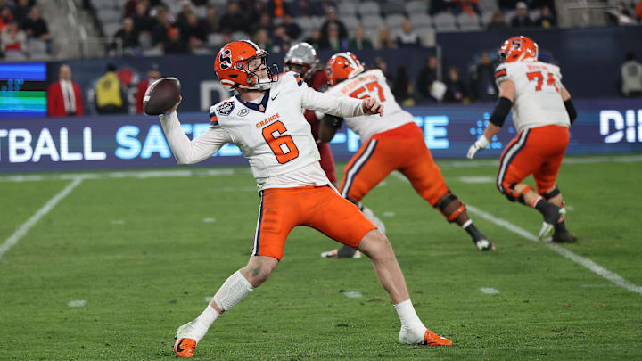 Dec 27, 2024; San Diego, CA, USA; Syracuse Orange quarterback Kyle McCord (6) passes the ball against the Washington State Cougars during the second half  at Snapdragon Stadium. Mandatory 