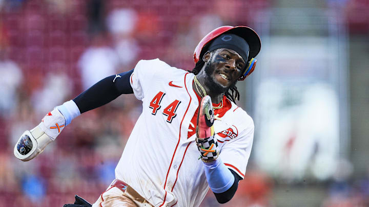 Aug 13, 2025; Cincinnati, Ohio, USA; Cincinnati Reds shortstop Elly De La Cruz (44) scores on a RBI double hit by outfielder Austin Hays (not pictured) in the sixth inning against the Philadelphia Phillies at Great American Ball Park. Mandatory Credit: Katie Stratman-Imagn Images Aug 13, 2025; Cincinnati, Ohio, USA; Cincinnati Reds shortstop Elly De La Cruz (44) scores on a RBI double hit by outfielder Austin Hays (not pictured) in the sixth inning against the Philadelphia Phillies at Great American Ball Park. Mandatory Credit: Katie Stratman-Imagn Images