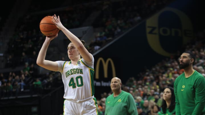 Oregon s Grace VanSlooten tries for a 3-pointer during the second half against Oregon State at Oregon s Grace VanSlooten tries for a 3-pointer during the second half against Oregon State at
