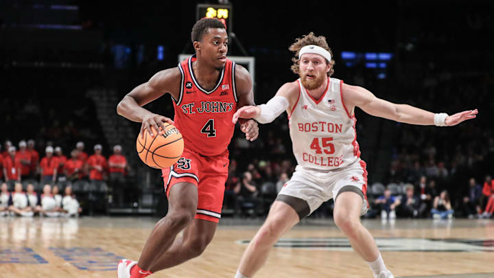 Dec 10, 2023; Brooklyn, New York, USA;  St. John's Red Storm guard Nahiem Alleyne (4) drives past