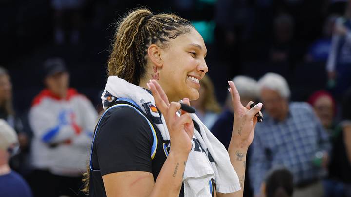 May 17, 2026; Minneapolis, Minnesota, USA; Chicago Sky center Kamilla Cardoso (10) celebrates a win over the Minnesota Lynx at Target Center. Mandatory Credit: Bruce Kluckhohn-Imagn Images