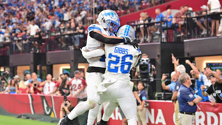 Detroit Lions running back Jahmyr Gibbs (26) celebrates with wide receiver Amon-Ra St. Brown (14). Detroit Lions running back Jahmyr Gibbs (26) celebrates with wide receiver Amon-Ra St. Brown (14).