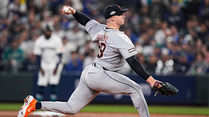 Tigers pitcher Tarik Skubal throws against Mariners during the first inning of ALDS Game 5 at T-Mobile Park in Seattle on Friday, Oct. 10, 2025. Tigers pitcher Tarik Skubal throws against Mariners during the first inning of ALDS Game 5 at T-Mobile Park in Seattle on Friday, Oct. 10, 2025.