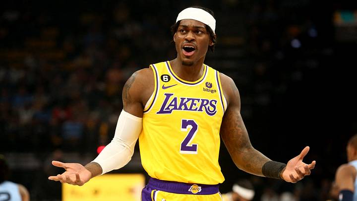 Apr 26, 2023; Memphis, Tennessee, USA; Los Angeles Lakers forward Jarred Vanderbilt (2) reacts during the first half against the Memphis Grizzlies during game five of the 2023 NBA playoffs at FedExForum. Mandatory Credit: Petre Thomas-USA TODAY Sports