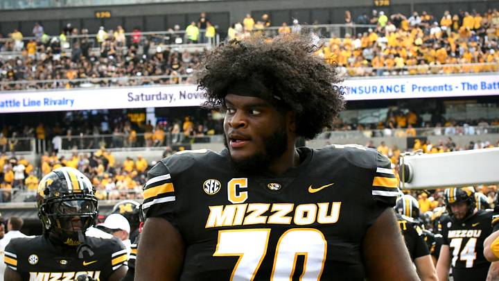 Sep 6, 2025; Columbia, Missouri, USA; Missouri Tigers offensive lineman Cayden Green (70) watches from the sidelined in the first quarter of the Border War against the Kansas Jayhawks at Faurot Field at Memorial Stadium. Sep 6, 2025; Columbia, Missouri, USA; Missouri Tigers offensive lineman Cayden Green (70) watches from the sidelined in the first quarter of the Border War against the Kansas Jayhawks at Faurot Field at Memorial Stadium.